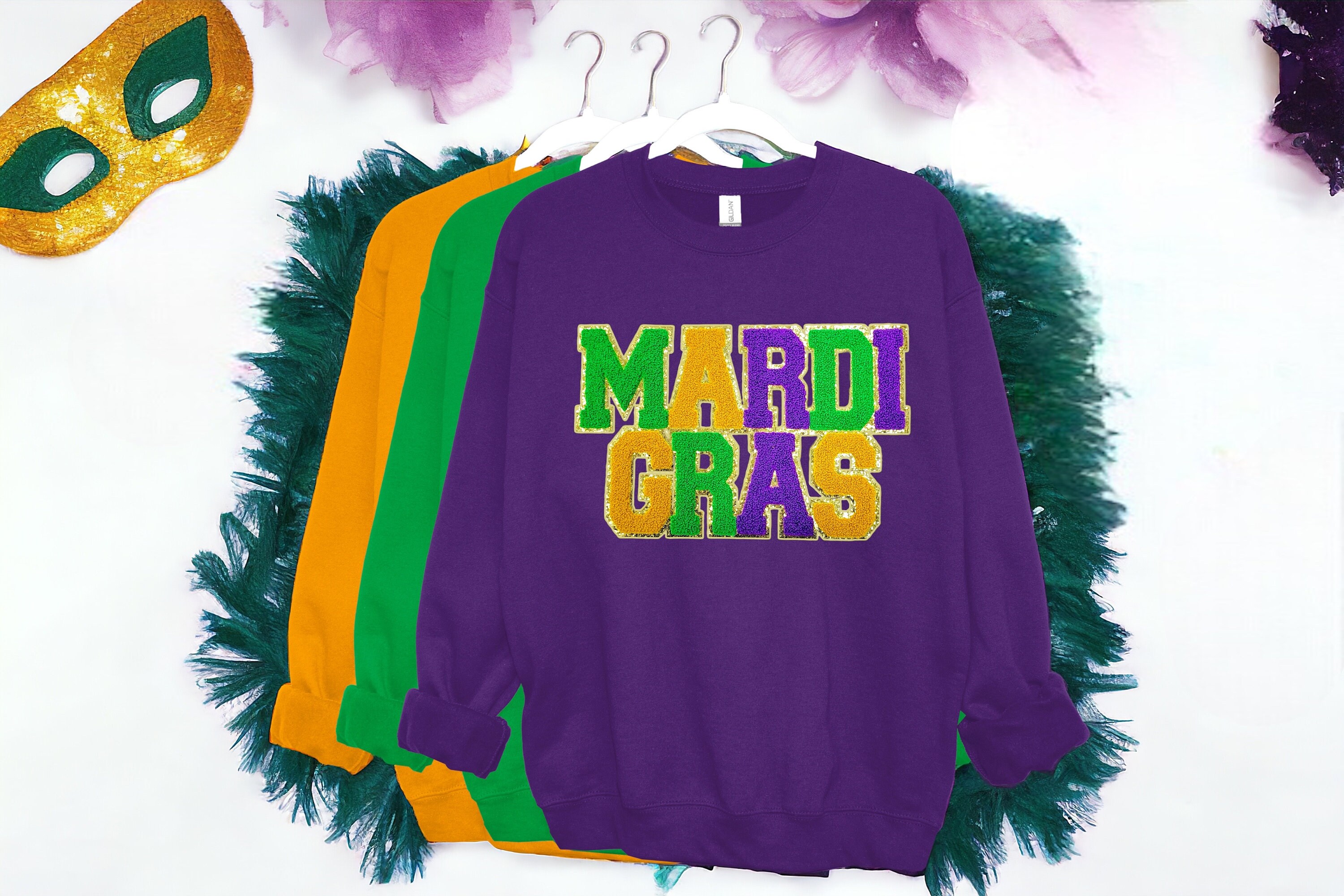 Mardi Gras Sweatshirt with Smiley Sequin Patches (Each) – Mardi