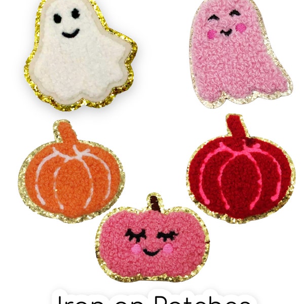 Pumpkin Ghost - Iron On Patch - Halloween Pumpkin & Ghost Chenille Patch Fall Patch- Pink Pumpkin, Cutest Pumpkin Patch, Gold Glitter