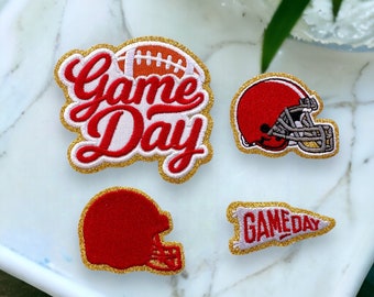 Red Game Day Patch - Self Adhesive or Iron On- Chenille Football Patch- Flag , Helmet, Football DIY Football Patch for stadium bag