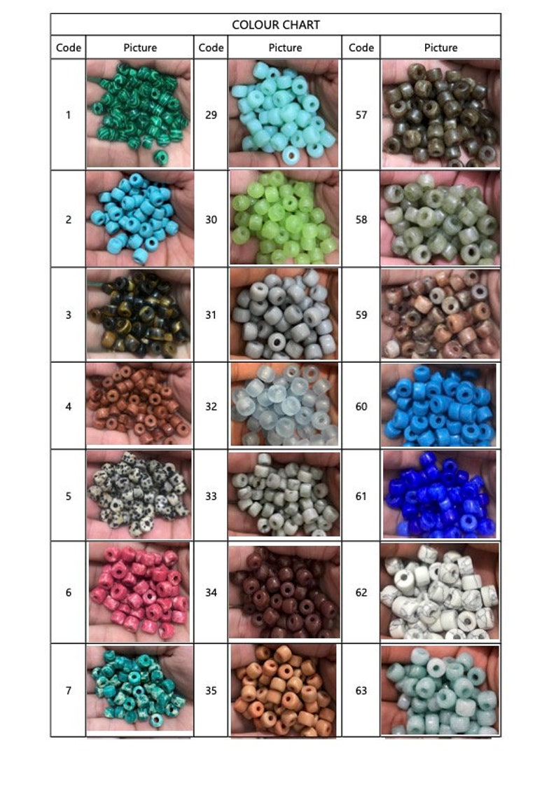 May include: A colour chart showcasing a variety of bead colours, such as green, blue, brown, and white. The chart is labelled "COLOUR CHART" and has codes for each colour. The beads are presented in small piles.