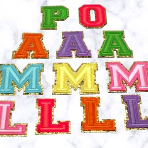 Parches de letras de bordado de verano- Hierro en parche de letras Alfabeto DIY Parche Oro Glitter Trim Varsity Letter Nylon Bolsa cosmética Bolsa DIY