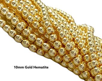 14K Gold Plated Hematite Beads: 10mm Polished Round Ball, 15.5" Strand