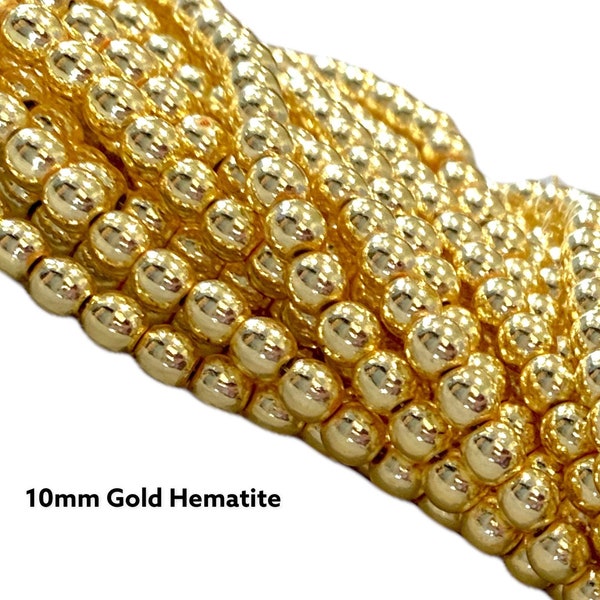 10mm Round- 14K Gold Coated Ball Hematite Smooth Round Polished -15.5" Strand Gold Ball Beads Quality gold plating Hematite
