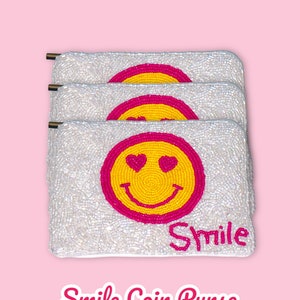 Porta-moedas Smile - Carteira de miçangas - Bolsa clutch feita à mão com miçangas - Presentes para madrinhas - Bolsa com zíper - Swiftie, porta-cartão-presente