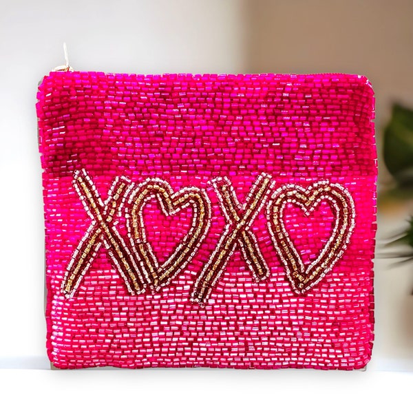 XoXo Coin Purse - Seed Beaded Coin Purse Wallet - Handmade beaded clutch insert- Gifts for her - Zippered Pouch - Valentines Day Gift