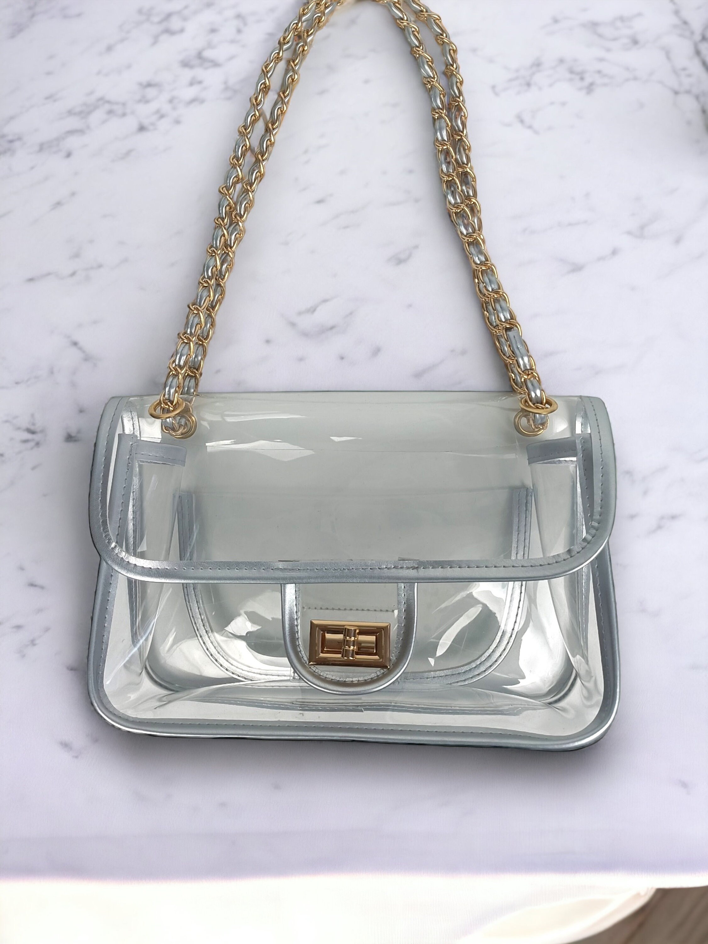 CHANEL Clear Transparent Plastic Rainbow Hardware Small Top Handle Bag