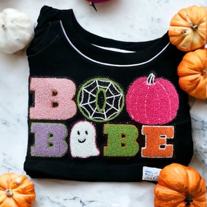 Parche de chenilla termoadhesivo Boo Babe: Calabaza y fantasma de Halloween, purpurina dorada (25 x 14 cm)