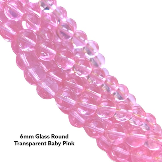 6mm Pink Transparent Glass Beads: Round Strand, 28 Inch