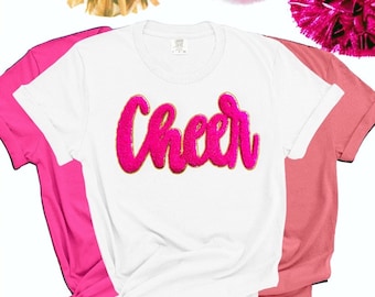 Pink Glitter Chenille Cheer Patch - Iron On Applique (11"x 6")