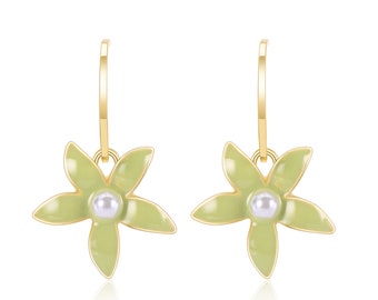 Light Green Floral Design Dangling Earrings with Pearls/ Statement Jewellery/ Handmade Accessories