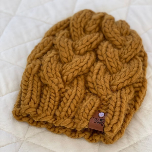Mustard Yellow 100% Wool Cable Knit Beanie, Mustard Yellow Hat, Men's Winter Beanie, Winter Accessories,  Peruvian Wool Hat, Ski Accessory