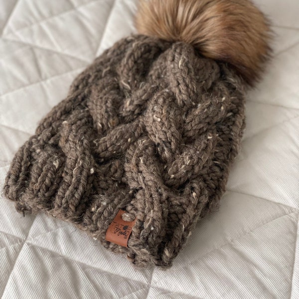 Brown Tweed Cable Knit Beanie, Brown Beanie, Winter Hat, Toque, Toboggan Hat, Winter Clothing, Skull Cap, Womens Skiing Hat, Cold Weather