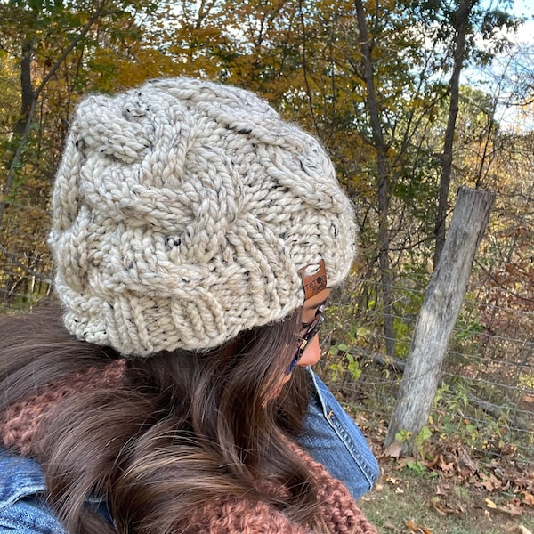 Cream Tweed Cable Knit Beanie, Off White Beanie, Winter Hat, Toque, Toboggan Hat, Winter Clothing, Skull Cap, Cable Knit Hat, Cream Beanie,