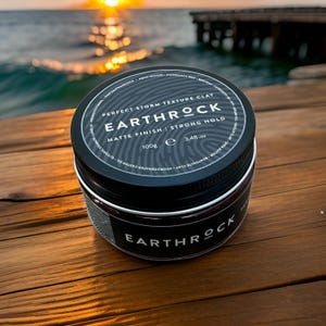 May include: A black jar of Earthrock Perfect Storm Texture Clay with a matte finish and strong hold. The jar has a black lid with white text and a fingerprint design. The jar contains 100g (3.4 fl oz) of product.