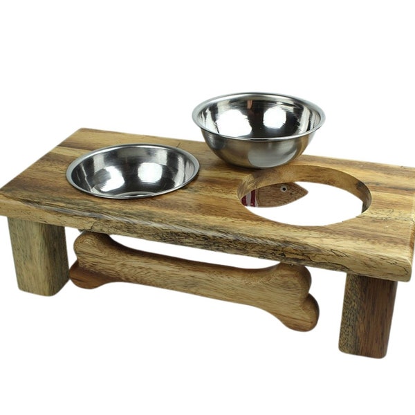 Iroko Wood Dog and Cat Feeding Station | Stainless Steel Feed and Water Bowls for Pet