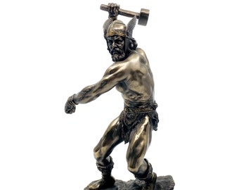 Norse God Thor Statue with Mjolnir - Viking Mythology Decor - Handmade Pagan Sculpture