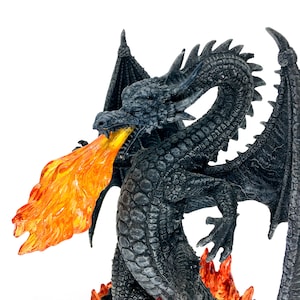 Black Dragon Statue with Fiery Breath – Hand-Painted Mythical Decor - Fantasy Dragon Figurine