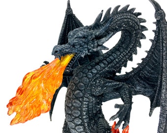 Black Dragon Statue with Fiery Breath – Hand-Painted Mythical Decor - Fantasy Dragon Figurine