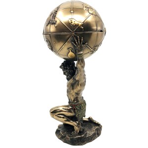 Handmade Atlas statue made of cold cast resin and marble powder, with powdered bronze and metallic paint coating, limited edition with year of manufacture, perfect for home or workplace decor, and can also be used as a jewelry or secret box.