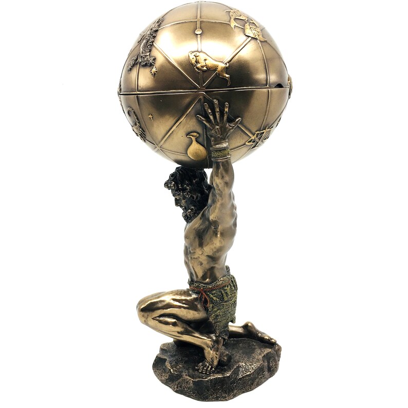 Handmade Atlas statue made of cold cast resin and marble powder, with powdered bronze and metallic paint coating, limited edition with year of manufacture, perfect for home or workplace decor, and can also be used as a jewelry or secret box.
