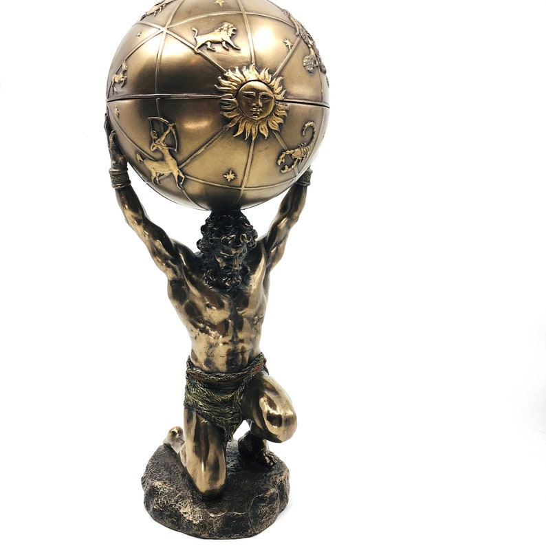 Titan Atlas statue holding the celestial sphere, Greek mythology decor, handcrafted Atlas figurine with secret trinket box, bronze finish, Greek Titan Atlas statue for desk, bookshelf, or office decor, limited edition Atlas collectible gift for mythology lovers, Atlas sculpture with intricate hand-painted details, perfect gift idea.