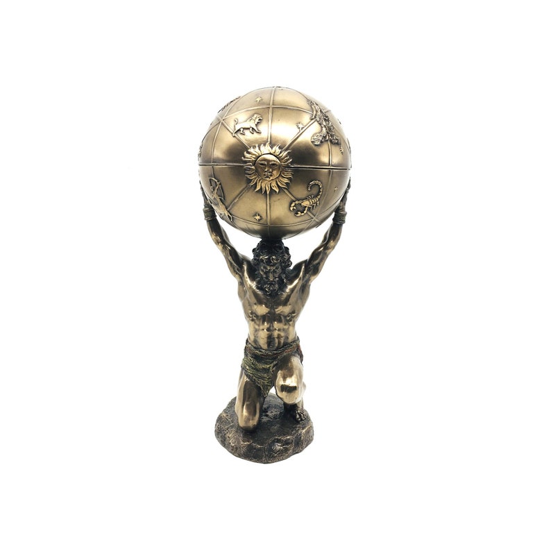 May include: A bronze statue of a kneeling figure holding a globe with zodiac symbols on it.