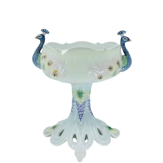 Porcelain Decorative Bowl with Twin Peacock Figurines | Art Nouveau Decor | Centerpiece