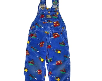 Vintage 90's OshKosh B'Gosh Vestbak Blue Corduroy Vehicles Overalls 2T 2 Toddler Cords