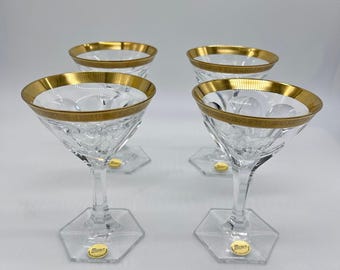 Moser Gold Rimmed Martini Cocktail Glasses Set of 4 Signed Bohemian Art Deco Glass Made in Czechoslovakia Marked 70's 1970s 70s