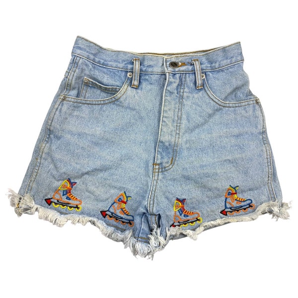 Vintage 90's Rollerblade Embroidered Denim Light Wash Blue Jean Cutoff High Rise Festival Shorts size 5 100% Cotton 90s Casual Mom Kitsch