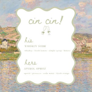 Letrero de boda "Cin Cin", letrero de boda imprimible, menú de bar de bodas, letrero de bebida de autor, señalización de boda moderna, letrero de cócteles de autor