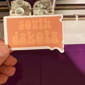 Pu&ograve; includere: Un adesivo color pesca con il testo "south dakota" in un font retr&ograve;. L'adesivo ha la forma dello stato del Dakota del Sud.