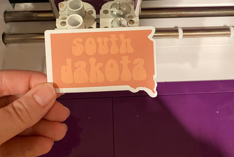 Pu&ograve; includere: Un adesivo color pesca con il testo "south dakota" in un font retr&ograve;. L'adesivo ha la forma dello stato del Dakota del Sud.
