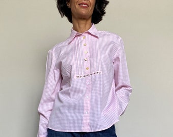 Vintage pink white checkered shirt for women size M, Vintage cotton blouse for women size M