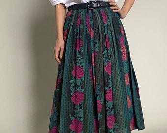 jupe vintage en laine vierge imprimée floral long pour femme taille L, jupe plissée imprimée florale pour femme