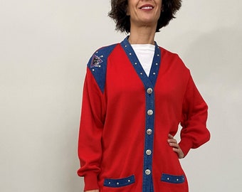 Vintage red wool cardigan for women size M-L , Vintage red wool sweater for women size M - L