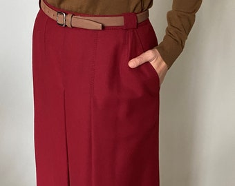 Vintage weinroter Faltenrock aus Schurwolle für Frauen mit Taschen Größe L