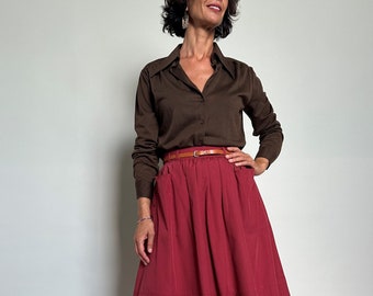 Vintage brown jersey shirt for women size M , Brown blouse , Jersey blouse for women size M