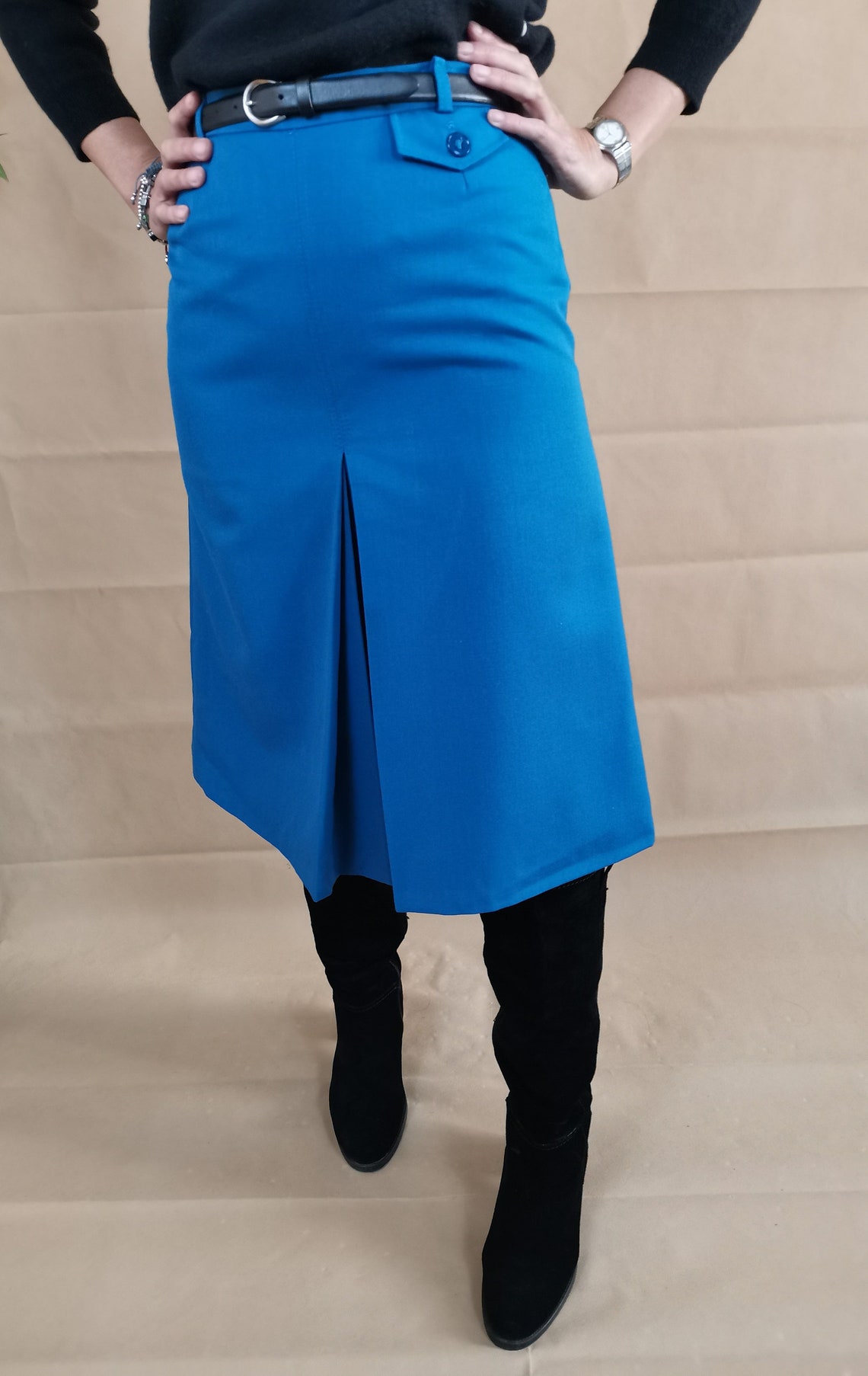 Vintage Pleated Blue Skirt for Women Size M, Elegant Office Pleated
