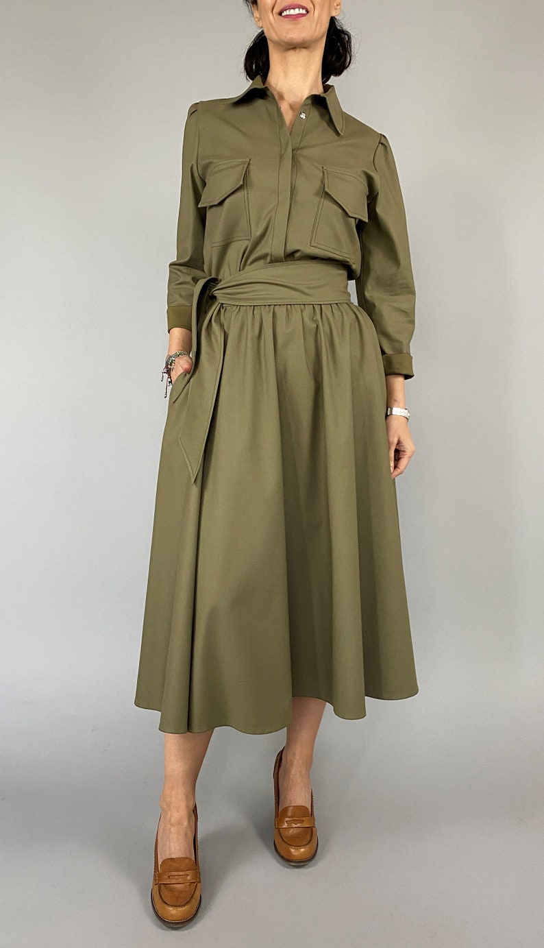 Handmade cotton matching set with skirt for women size XXS-XL Green olive matching set with skirt with pockets