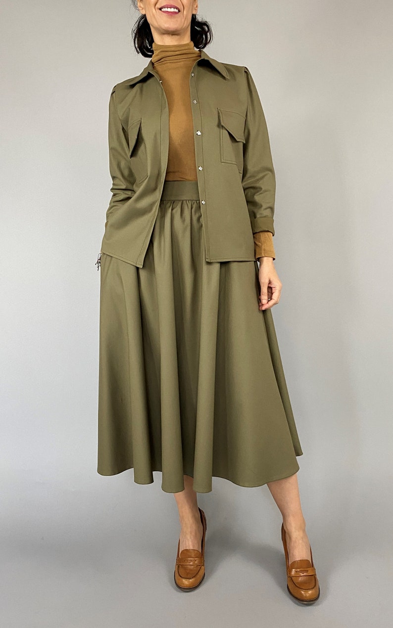 Handmade cotton matching set with skirt for women size XXS-XL Green olive matching set with skirt with pockets