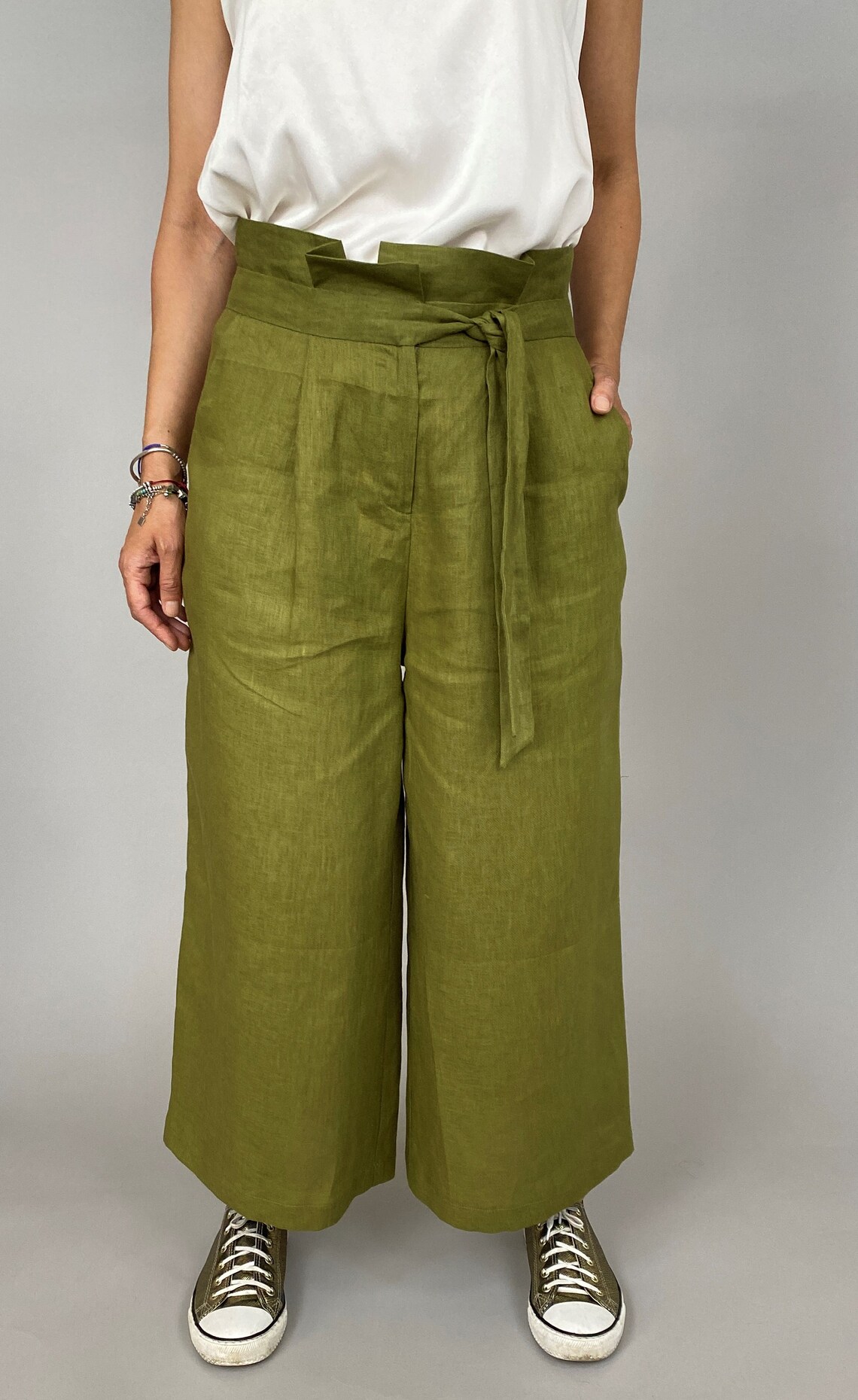 Handmade green linen women's trousers with pockets size Etsy