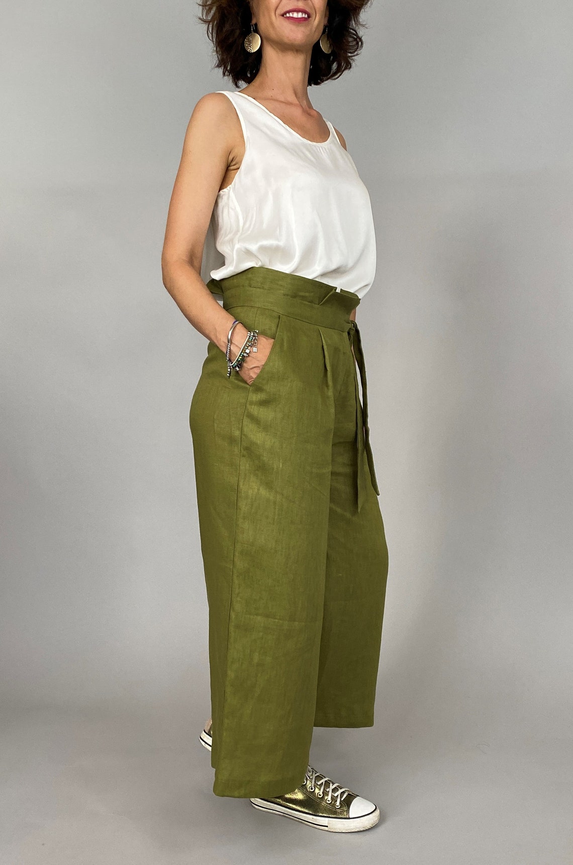 Handmade green linen women's trousers with pockets size Etsy