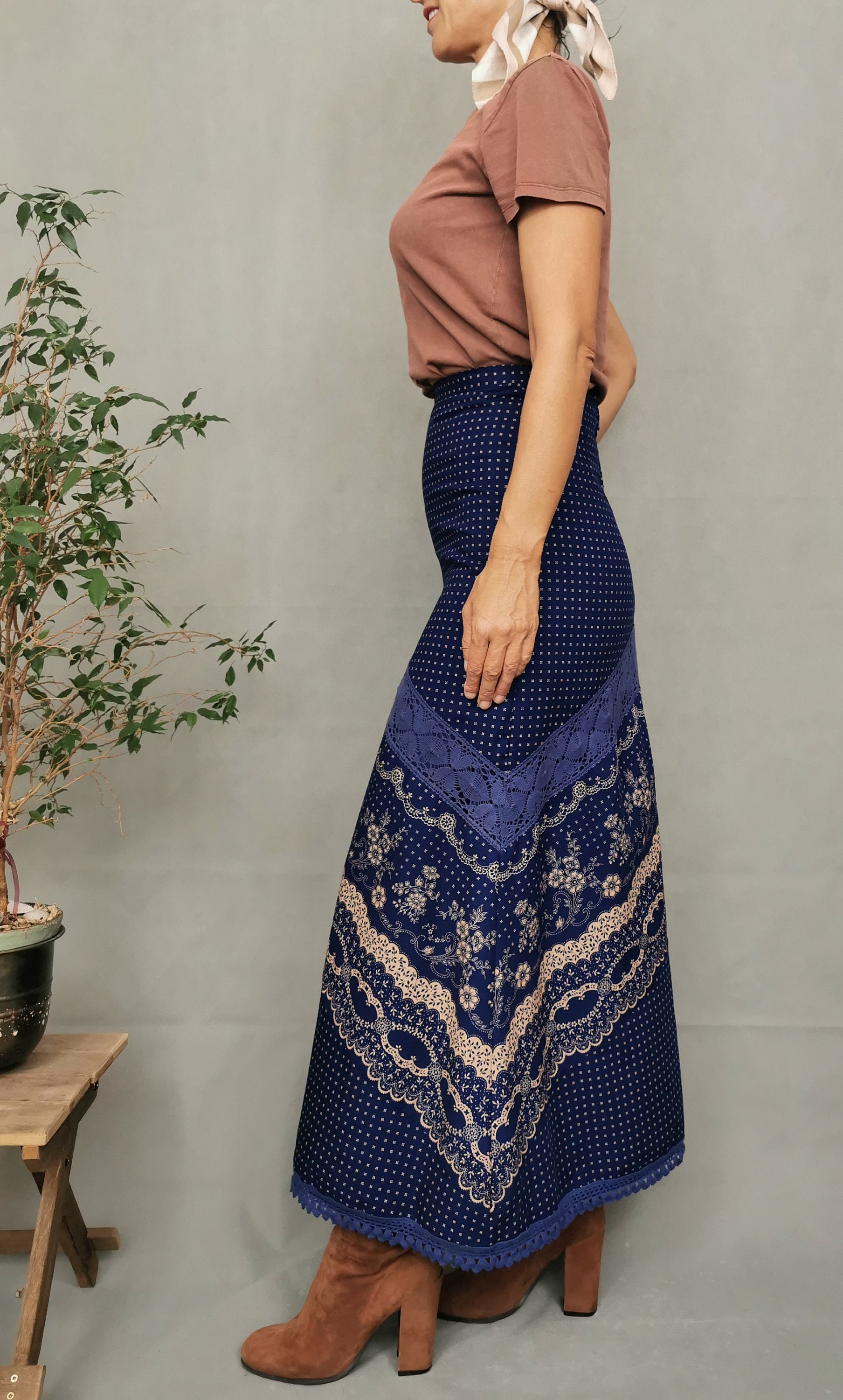 Vintage Long Skirt With Lace Details, S Size Long Skirt for Women, Boho