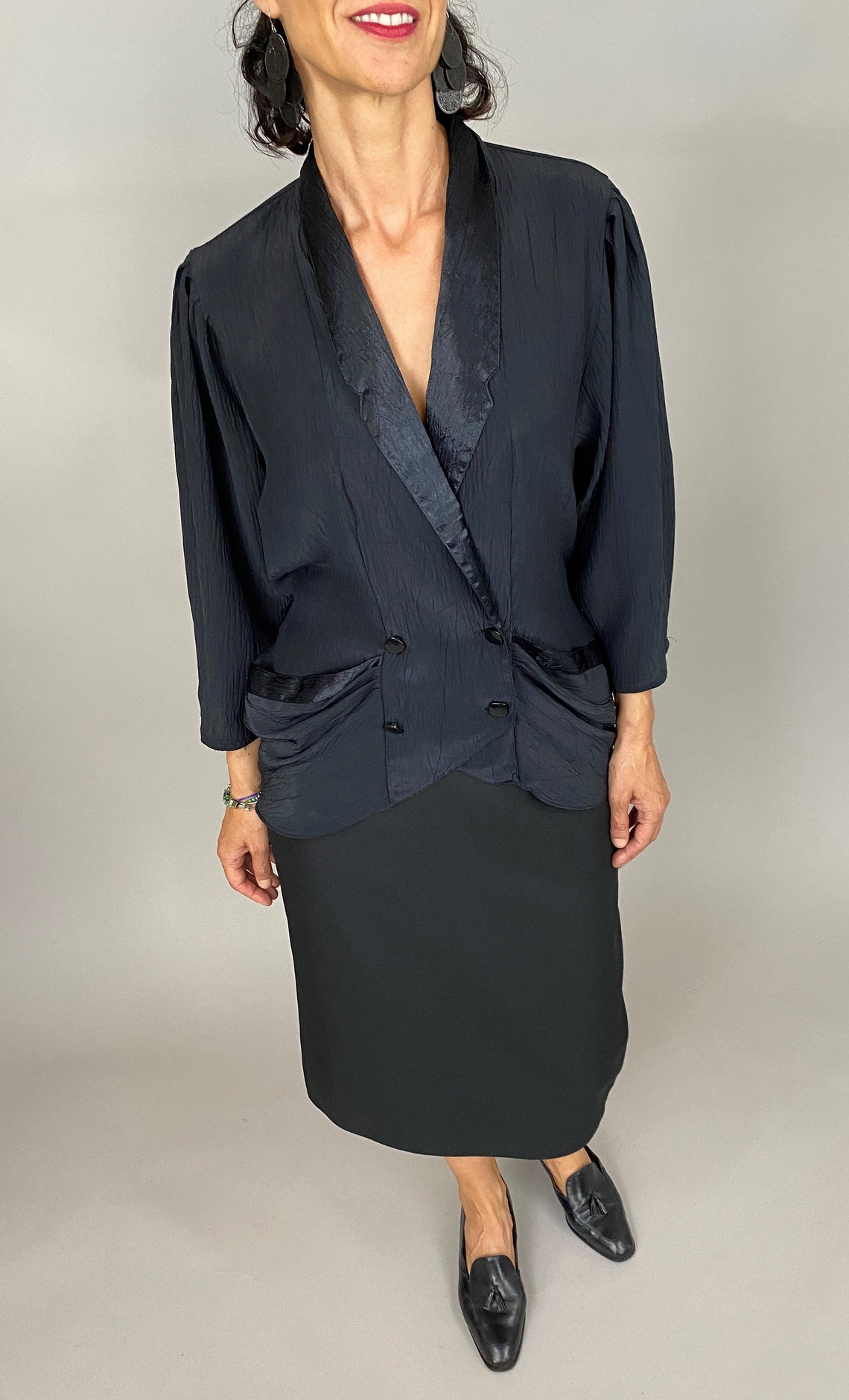 Chemisier Noir élégant Marque 123 - Taille 44 - Parfait état - Polyester Léger Manches Longues