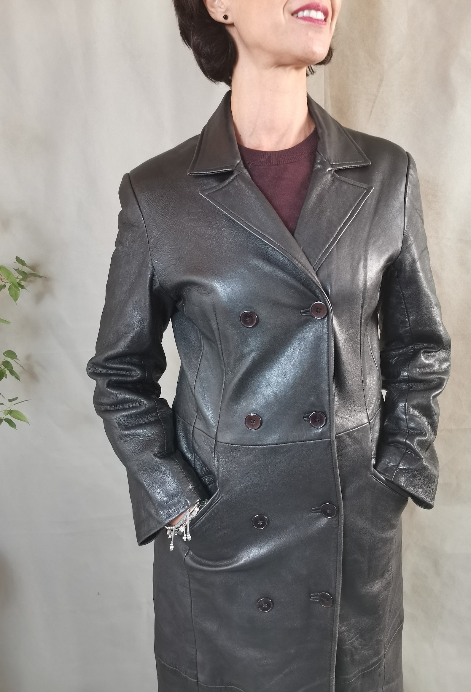Vintage long black leather coat for women size M with pockets | Etsy