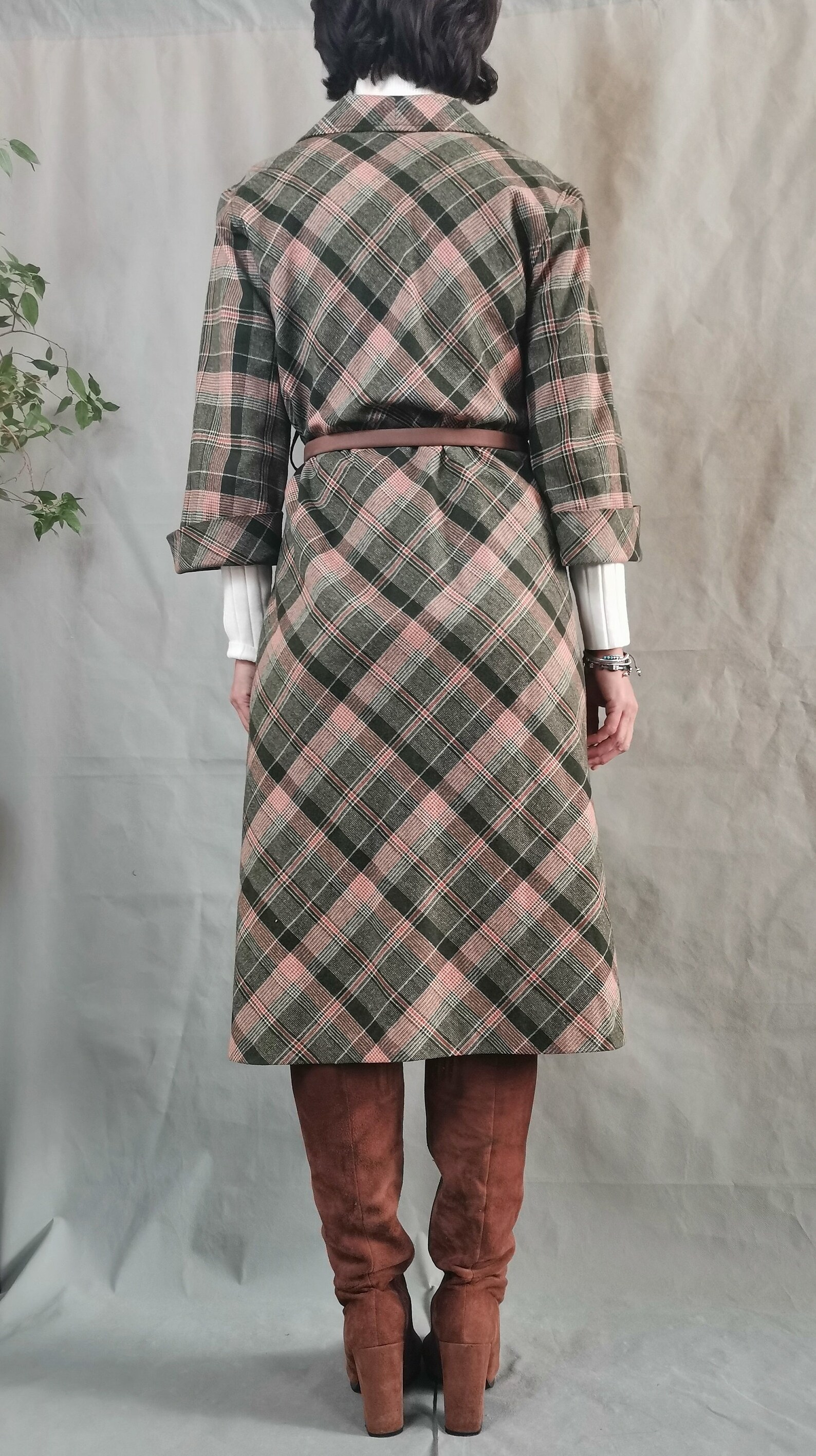 Vestido de lana a cuadros vintage para mujer talla M con bolsillos