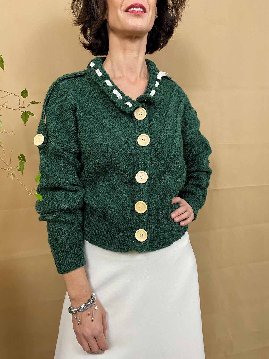Green handknitted sweater with wood buttons for women size M Etsy