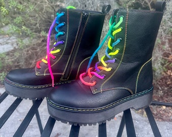 Unionbay Kiwi Platform Combat Boots Black Rainbow Neon Lace Z. Women’s Size 7