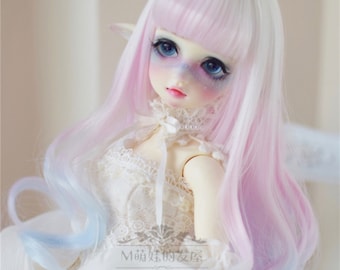 May include: A long, wavy doll wig with pink, white, and blue streaks. The wig has bangs and is styled in a side part. The wig is made of synthetic hair and is suitable for 1/3 BJD dolls.